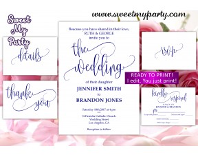 Navy Wedding Invitation suite,Calligrapy Wedding invitation set,(66w)